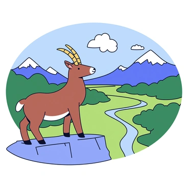An ibex standing on a rocky outcrop. The ibex has distinct curved horns and a brownish coat. It looks out over an expansive valley filled with lush green patches and winding rivers. In the background, there are distant peaks covered in soft white snow. The sky above is clear with a few fluffy clouds scattered across. The scene captures the majesty of nature, highlighting both the ibex and the vast landscape around it.