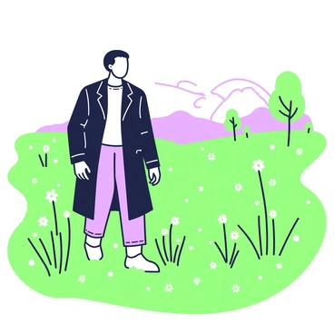 Victor Frankenstein is walking through a dew-covered meadow during an early morning. He is dressed in a dark coat and trousers, with a white shirt visible underneath. The grass around him is lush and glistening with dew drops, reflecting light in small droplets. There are wildflowers scattered throughout the meadow, and in the distance, a few trees can be seen framing the scene. The sky above is lightening as the sun begins to rise, casting a soft glow over the landscape.