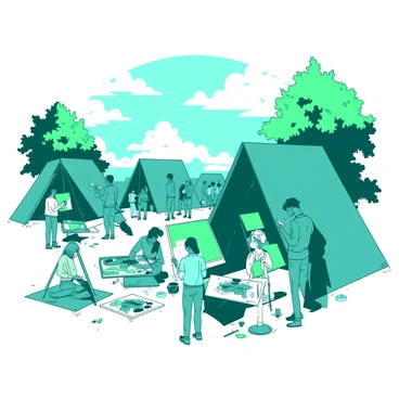 A teal outdoor illustration festival is taking place under a clear sky. There are multiple colorful tents set up, each showcasing different artistic styles. Artists are gathered around, some painting on large canvases while others are sketching in notebooks. Each artist is focused on their work, with paintbrushes and palettes scattered around them. A few spectators are admiring the artwork and chatting with the artists, creating a lively atmosphere. In the background, there are trees with vibrant leaves that add to the colorful scene.