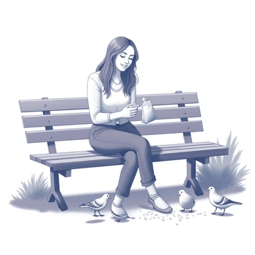 A woman sitting on a park bench. She has long hair that cascades over her shoulders, and she wears a comfortable, casual outfit. In her hands, she holds a small bag from which she is sprinkling crumbs onto the ground. Several birds are gathered around her feet, eagerly pecking at the crumbs. The bench is surrounded by greenery, with a few trees in the background, providing a natural setting. The scene conveys a quiet moment of interaction between the woman and the birds.