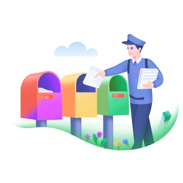 A postman in a blue uniform is depositing letters into a row of vibrant mailboxes. Each mailbox is a different color, including red, yellow, green, and blue. The postman is holding a stack of letters in one hand while inserting the first letter into a red mailbox. The scene is set on a sunny day with a clear sky, and there are small flowers blooming around the base of the mailboxes.