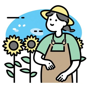 A gardener, wearing a wide-brimmed straw hat, is standing amidst a field of tall sunflowers that reach towards the bright blue sky. The sunflowers, with their large yellow petals and dark centers, are swaying gently in the breeze. The gardener, dressed in a light green shirt and brown overalls, has soil smudged on their hands, indicating recent work in the field. Sunlight casts shadows, creating a play of light and warmth on the vibrant scene.