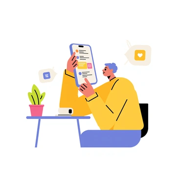 A person holding a smartphone in one hand, sitting at a small table. The smartphone screen displays a vibrant social media app interface with colorful comments. The person has a thoughtful expression, with one finger poised above the screen. A coffee cup sits on the table next to the person, and there is a small potted plant in the background. The overall scene conveys a sense of interaction and engagement with a brand through social media.