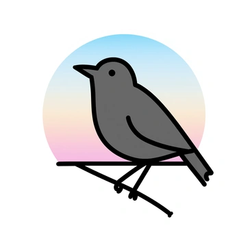 A bird, with a slender body and pointed wings, is perched on a thin branch. The bird's outline is dark, creating a silhouette effect against the soft hues of dawn. The background features gentle gradients of light, transitioning from deep blue to warm orange and pink, signifying the arrival of the first light of day. The branch is bare, adding to the minimalistic aesthetic of the scene.
