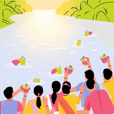 A devotional ceremony taking place beside the Ganges River. In the foreground, a group of people is gathered, with some individuals wearing traditional attire, such as vibrant saris and dhotis. They are holding small, decorated pots filled with flowers and candles. The river flows gently, with ripples reflecting the golden light of the setting sun. On the surface of the water, pieces of floating trash, including plastic bags and bottles, are visible among the flowers. In the background, lush greenery lines the riverbank, providing a stark contrast to the pollution. The atmosphere is filled with an air of spirituality and community as people engage in their rituals.
