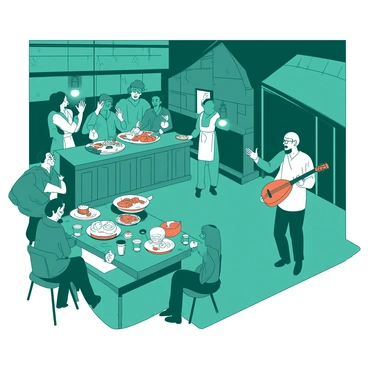 A teal tavern is bustling with activity, filled with patrons engaged in lively conversations. In one corner, a group of people are seated at a wooden table, sharing large platters of food and laughing. A musician stands on a small stage, playing a bright orange lute, while another person claps along to the music. Near the bar, a bartender in a white apron is pouring a drink into a glass, and a few patrons are animatedly telling stories, their gestures lively. The warm glow of lanterns illuminates the scene, enhancing the energy of the lively atmosphere.