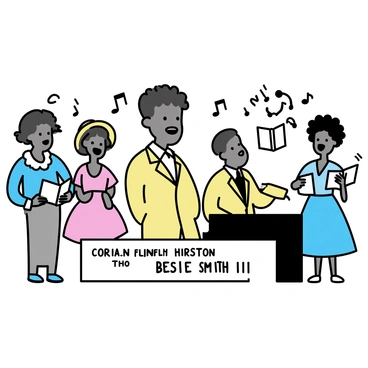 A mural featuring "Langston Hughes" at the center, with his strong facial features and distinctive hairstyle. Surrounding him are several influential figures of the Harlem Renaissance. To his left stands "Zora Neale Hurston," characterized by her wide-brimmed hat and elegant dress. On his right is "Duke Ellington," depicted with a piano and wearing a tailored suit. Further back, "Bessie Smith" is illustrated singing passionately, her bold presence commanding attention. The background includes elements representing the vibrant culture of the era, such as musical notes and literary books.