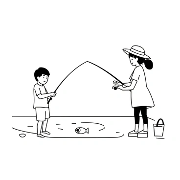 Two children are standing by a calm lake, each holding a fishing rod. One child is a boy with short hair, wearing a t-shirt and shorts, focused on casting his line into the water. The other child is a girl with pigtails, wearing a sun hat and a lightweight dress, carefully preparing bait on her fishing hook. The lake is surrounded by trees, and there are small ripples on the water's surface. Fishing tackle and a bucket are placed on the ground nearby, ready for the catch.
