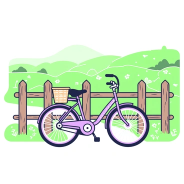A bicycle is casually leaning against a rustic wooden fence in a countryside setting. The bicycle has a curved frame and a wicker basket attached to the handlebars. The fence is weathered and made of rough timber, with a few vertical posts and horizontal rails. In the background, rolling green hills stretch across the horizon, dotted with patches of wildflowers. The scene is bathed in natural light, casting soft shadows on the ground. A narrow dirt path runs alongside the fence, leading deeper into the countryside.