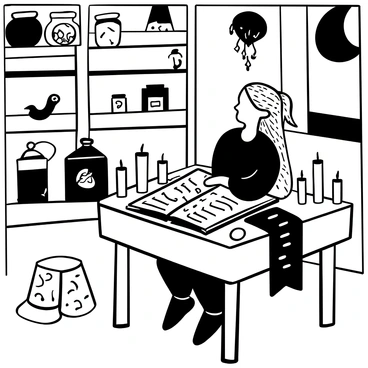A woman with long, wild hair is seated at a wooden table covered in scrolls and parchment. She is intently studying an ancient spell book, its pages worn and filled with intricate symbols. Several candles are positioned around her, casting flickering shadows across the room. The walls are lined with shelves filled with jars and mystical artifacts, contributing to the ambiance of the space. An open window allows a gentle breeze to rustle the edges of the book, adding a sense of movement to the stillness.