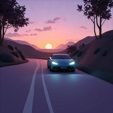 A sleek blue car, with its headlights turned on, is driving away from the viewer on a winding road. The sky is transitioning to twilight, with vibrant orange and purple hues blending together as the sun sets on the horizon. Long shadows stretch across the asphalt, cast by nearby trees with dense foliage. The landscape surrounding the road is dotted with silhouettes of hills and distant mountains. The scene captures the essence of dusk, with a sense of movement as the car disappears into the fading light.