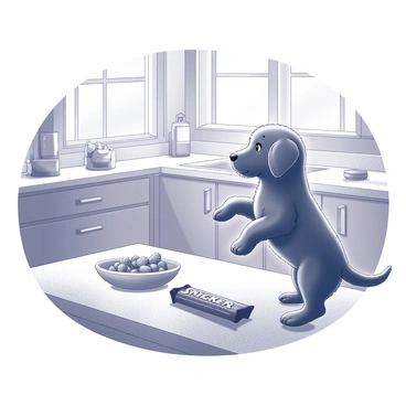 A playful puppy eyeing a Snickers bar on a kitchen counter.
