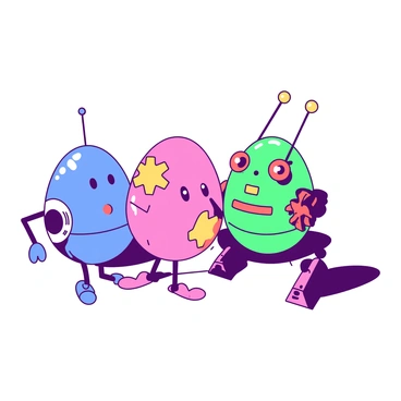 A series of colorful eggs are transformed into small robots, each with distinct features. One egg is blue, adorned with tiny silver gears and a prominent antenna sticking out from the top. Another egg is pink, featuring bright yellow gears and a small red light blinking on its front. A green egg stands next to them, equipped with orange gears and dual antennas, giving it a quirky appearance. The robots are posed in a playful manner, as if interacting with each other, with a soft shadow beneath them to ground the scene.