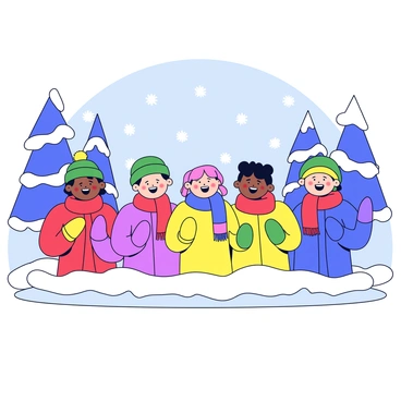 A group of six singers in a choir ensemble, all wearing colorful winter clothing. Some wear red scarves and blue mittens, while others have green hats and yellow coats. They are singing joyfully, with their mouths open and smiles on their faces. The background features soft, gently falling snowflakes that create a white blanket on the ground. Snow-covered trees line the scene, adding depth to the winter atmosphere. The sky is overcast with a light gray hue, indicating a typical winter day.