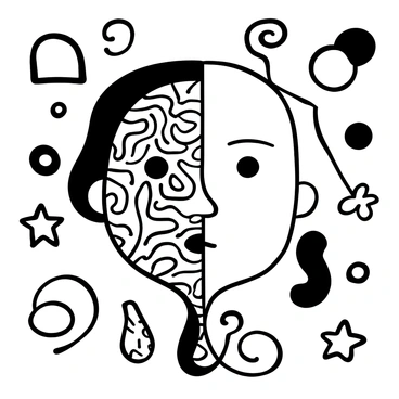 A face divided in half, with the left side featuring intricate geometric patterns and sharp lines, while the right side showcases smooth, flowing curves and swirling designs. The two halves are seamlessly connected at the center, creating a striking contrast between the styles. Surrounding the face are various abstract shapes and designs that complement each side.