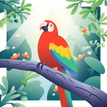 A colorful red parrot with bright green and yellow accents is perched on a thick, textured branch. The parrot has a curved beak and vibrant feathers that catch the light. Surrounding the parrot are large, green leaves with various shades and textures, creating a rich backdrop. The rainforest is filled with hints of other colors, such as splashes of orange flowers and darker green foliage. Soft sunlight filters through the dense canopy, casting dappled shadows on the branch and illuminating the parrot's feathers.