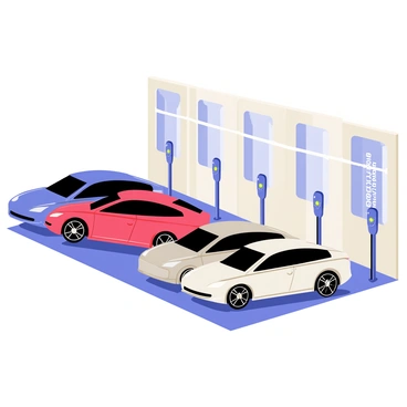 A section in a dealership features several sleek electric vehicles arranged in a bright, spacious showroom. Each vehicle showcases a modern design with smooth curves and vibrant colors such as blue, red, and silver. In the background, there are multiple charging stations, each equipped with a green light indicating they are ready for use. The floor is polished and reflects the light from large windows that allow natural sunlight to illuminate the space. The walls are adorned with promotional banners highlighting the benefits of electric vehicles, creating an inviting atmosphere for potential buyers.