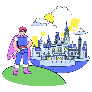 A hero standing on a grassy hilltop, overlooking a sprawling legendary city. The city features tall, ornate buildings with intricate designs and a mix of domes and spires reaching toward the sky. The hero is dressed in a simple yet bold outfit, equipped with a sword at their side. The sun is setting in the background, casting a warm golden light over the scene. Fluffy clouds are scattered across the sky, adding depth to the view. The hero's expression shows a mix of determination and awe as they take in the magnificent sight before them.