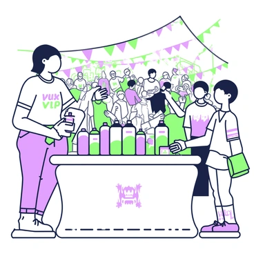 A brand ambassador is standing at a booth during a bustling festival. She is wearing a branded shirt and casual pants, and her hair is styled neatly. In front of her, a table is set up displaying various products, including colorful drink bottles and promotional materials. Behind her, a crowd of festival-goers is engaged in different activities, some holding food and drinks. Colorful banners and decorations are visible, adding to the lively atmosphere. The brand ambassador is smiling and holding a product, while engaging with a potential customer.