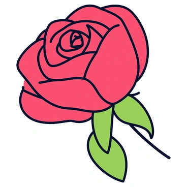 A close-up illustration of a single blooming rose with vibrant red petals that are intricately layered. Each petal has a slightly darker edge, creating depth and texture. The center of the rose displays tightly curled petals, gradually unfurling towards the outer layers. A few green leaves are partially visible, complementing the rose with their fresh color. The background is simple, allowing the rose to stand out prominently in the composition.