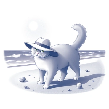 A Persian cat with a fluffy coat stands on a sandy beach. The cat is wearing a wide-brimmed sunhat that provides shade over its head. The beach is dotted with various seashells scattered across the sand. In the background, there are gentle waves crashing along the shoreline. The sun is shining brightly in the sky, casting distinct shadows on the ground. The cat appears curious and alert as it investigates the surroundings, with its tail held high.