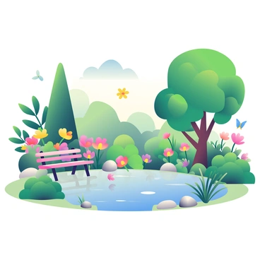 A lush botanical garden is filled with a variety of plant species, showcasing large green leaves, vibrant flowers in shades of pink, yellow, and purple, and tall trees providing shade. In the center, there is a small pond with clear water reflecting the surrounding greenery. Around the pond, smooth rocks are placed, and delicate reeds sway gently at the water's edge. A wooden bench is situated nearby for visitors to enjoy the scene, and colorful butterflies can be seen fluttering among the flowers.