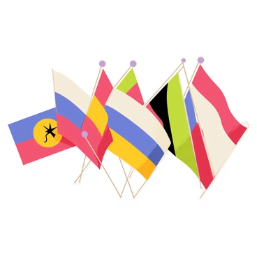 A collection of various country flags intertwined together in a dynamic pattern. Each flag displays its unique colors and symbols, creating a vibrant tapestry. The flags are shown waving gently as if caught in a soft breeze. The arrangement emphasizes the theme of unity, with elements of each flag overlapping and connecting at points. Bright sunlight highlights the colors, making them stand out against a subtle background.
