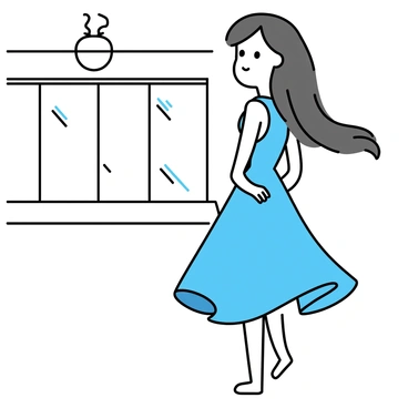 A girl with long flowing hair stands at the edge of a grand ballroom. She is wearing a flowing light blue dress that sways gently around her as she moves. The ballroom features an ornate chandelier hanging from the ceiling, illuminating the polished wooden floor. Mirrors line the walls, reflecting the grandeur of the space. The girl has a look of anticipation on her face as she prepares to step onto the dance floor. Her bare feet are softly touching the cool surface of the floor, and her hands are slightly lifted, ready to dance.