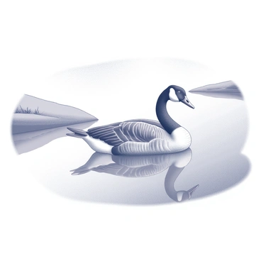 A Canada goose is floating on a calm lake. The goose has a distinct black head and neck, with white cheek patches, and a brown body. The water is still, creating a perfect mirror-like reflection of the goose's outline and features on the surface. Surrounding the lake are gently sloping banks with sparse vegetation, contributing to a tranquil scene. The light casts soft shadows, enhancing the serene surroundings.