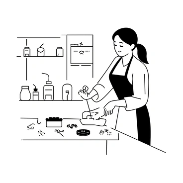 An artisan standing at a wooden table in a small kitchen, carefully crafting handmade soaps. She is wearing an apron and has her hair tied back. Various ingredients, such as herbs and essential oils, are spread out on the table. A mold for the soaps sits next to her, and she is pouring a mixture into it. The kitchen features shelves lined with jars and tools for soap making. There's a window allowing light to enter, illuminating the space with a warm ambiance.