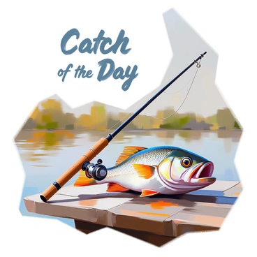 A retro-style poster featuring a classic wooden fishing rod leaning against a weathered wooden dock. The fishing rod has a distinctive cork handle and a metal reel, intricately detailed. Beside the rod, there is a large, glistening fish, showcasing vibrant scales and an open mouth, as if freshly caught. The background includes hints of a calm lake with gentle ripples and blurred greenery along the shoreline. The overall color palette includes muted tones that evoke a nostalgic feel, with the words "Catch of the Day" prominently displayed in bold typography above the scene.