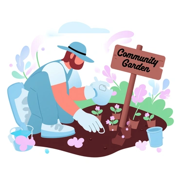 A person wearing a sun hat and gardening gloves is kneeling in a community garden bed, surrounded by various flower seedlings in small pots. The individual is carefully placing a colorful flower into the soil, with a small trowel in one hand. Nearby, there are tools like a watering can and a pair of shears resting on the ground. In the background, other community members are tending to their gardens, with vibrant flowers and greenery filling the scene. A wooden sign with "Community Garden" engraved on it stands prominently, surrounded by blooming plants.