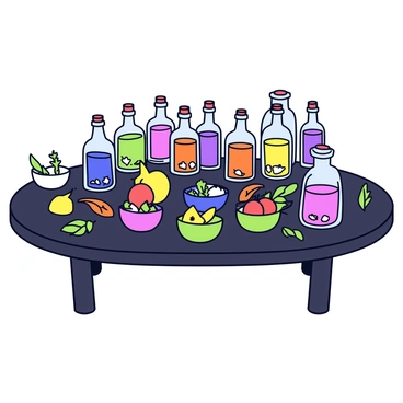 A wooden table with a dark finish covered in various bottles of potions. The bottles vary in shape and size, some are tall and thin while others are short and round. Each bottle contains colorful liquids made from herbs and autumn fruits. There are vibrant green, deep purple, and rich orange potions, each with unique labels. Scattered among the bottles are small bowls filled with fresh herbs like rosemary and thyme, and pieces of autumn fruits such as apples and pears. The table has a slightly rustic appearance, with a few leaves and twigs arranged decoratively around the bottles.