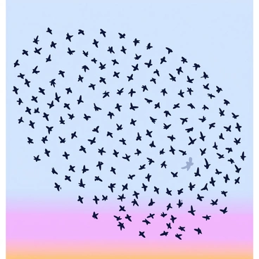 A large flock of starlings is swirling together in the evening sky, forming intricate patterns and shapes as they move. The birds are depicted with simple black silhouettes against a gradient sky that transitions from light blue at the horizon to deeper shades of purple and orange higher up. The overall scene captures the dynamic movement of the murmuration as the starlings weave through the air.