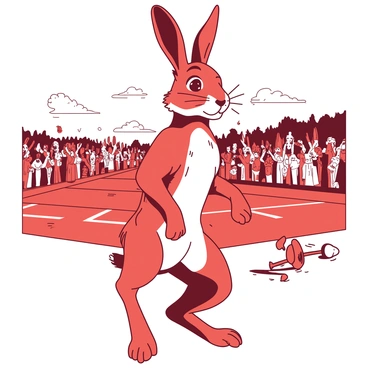 A red hare stands upright on its hind legs, displaying an expression of confidence and determination. Its ears are perked up attentively, and its fur looks glossy and well-groomed. The hare is positioned at the starting line of a race, surrounded by a vibrant crowd of various animals, all eagerly awaiting the signal to start. The ground is marked with white chalk lines, and a bright sun shines down on the scene, casting distinct shadows. The hare's paws are slightly raised, as if ready to dash forward, embodying a sense of pride and excitement.