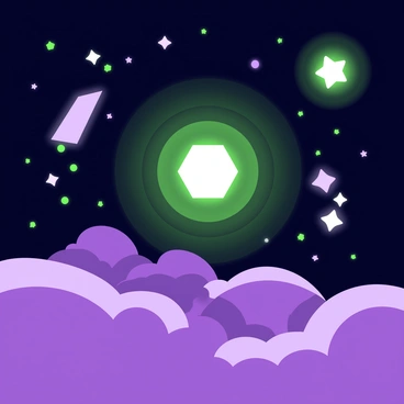 A night sky is filled with various celestial bodies created from glowing geometric shapes. In the center, a large glowing hexagon emits a bright light, surrounded by smaller glowing triangles and squares scattered throughout the sky. Some of the shapes appear to twinkle, while others maintain a steady glow. The background consists of a darker gradient, emphasizing the luminescence of the geometric figures. A few elongated rhombuses stretch across the scene, and among these shapes, a series of concentric circles radiate softly.