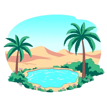 A teal oasis is nestled in a vast expanse of sandy desert, surrounded by tall green palm trees swaying gently in the breeze. In the center, there is a large sparkling blue pool reflecting the sunlight, with ripples shimmering across its surface. The ground around the pool is dotted with vibrant green grass and colorful flowers, adding to the lushness of the scene. The clear blue sky overhead complements the vivid colors of the oasis, creating a tranquil yet vibrant atmosphere.