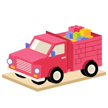 A miniature model of a truck featuring a vibrant red body with intricate brick patterns molded into the sides. The truck has a detailed front grille with tiny silver headlights and black rubber tires. The back of the truck is open, displaying small, colorful building blocks and bricks stacked neatly inside. The model is placed on a simple wooden surface, emphasizing its craftsmanship and attention to detail.