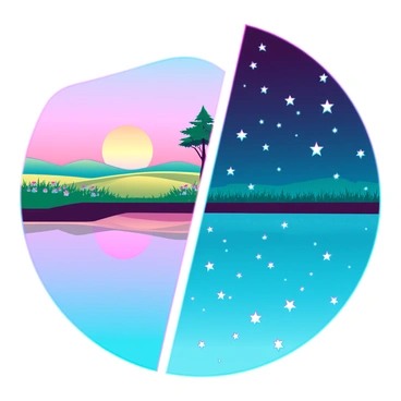 A surreal image of a horizon split between day and night with stars and sun