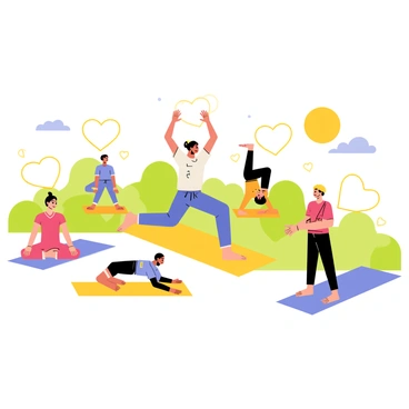 A yoga scene featuring several participants engaged in various poses on colorful mats. Each participant is surrounded by glowing heart lines that radiate gently around them, symbolizing inner peace. The individuals exhibit diverse characteristics in their poses and attire, with some practicing in tree pose and others in downward dog. The background includes lush greenery and a bright, sunny sky, enhancing the feeling of tranquility in the setting.