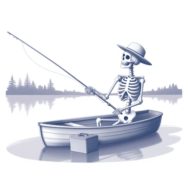A skeleton fishing peacefully on a small boat in a calm lake.
