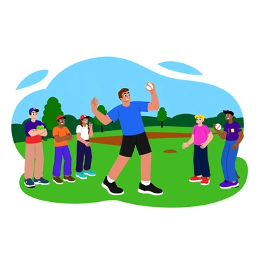 An instructor with short brown hair is standing on a grassy field, demonstrating throwing techniques. They are wearing a bright blue t-shirt and black shorts. The instructor is holding a baseball in one hand, showcasing a proper grip. Around them, a diverse group of five eager students of varying ages and ethnicities are attentively watching. Each student is dressed in sporting attire, with some wearing caps and others wearing sneakers. In the background, there are a few trees and a clear blue sky, adding to the outdoor atmosphere. The instructor is gesturing with the baseball, emphasizing the technique with a focused expression.