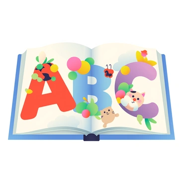 A children's storybook is open on a flat surface, displaying a vibrant page filled with playful illustrations. The letters "A," "B," and "C" are prominently featured in bold, colorful fonts. Each letter has unique decorations; "A" is adorned with apple and ant motifs in red and green, "B" has balloon and butterfly illustrations in bright blue and yellow, and "C" showcases a cat and cloud design in soft pink and lavender. Surrounding the letters are cheerful images of toys and animals, creating a whimsical atmosphere that invites young readers to explore.
