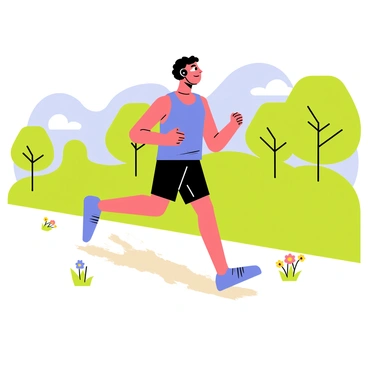 A runner wearing black headphones is jogging energetically. The runner is dressed in a bright blue tank top and black shorts. Their focused expression shows they are lost in the rhythm of their favorite music. The setting features a vibrant green park with trees lining the path and a clear blue sky above. The runner's feet are mid-stride, kicking up a small cloud of dust from the path. Around them, a few scattered flowers add splashes of color to the scene.