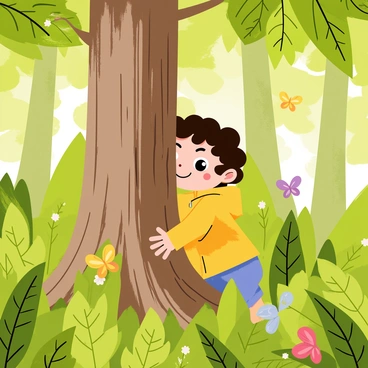 A small child with curly brown hair wearing a bright yellow raincoat is hiding behind a tall, textured brown tree trunk in a dense, green forest. The foliage is lush, with various shades of green from the leaves surrounding the child. The child’s big, curious eyes peek out cautiously from behind the tree, and small hands grip the bark for support. Sunlight filters through the canopy above, creating dappled light patterns on the forest floor. A few colorful butterflies flit around nearby, adding to the scene's sense of wonder.