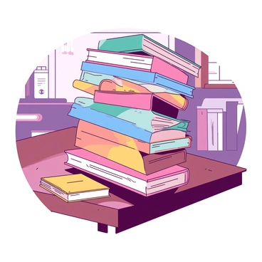 A stack of colorful books is teetering precariously on the edge of a wooden desk. The books are of varying sizes and hues, with the top book slightly askew, creating a sense of imminent collapse. The desk surface is polished and reflects some light, adding to the tension of the scene. In the background, there is a blurred hint of a cozy study environment, with a soft lighting that enhances the focus on the precariously balanced stack.