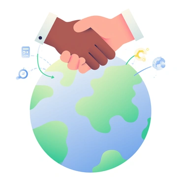 A large, three-dimensional handshake is positioned above a digital globe that showcases continents and oceanic features in intricate detail. The handshake features two distinct hands, one with a dark skin tone and the other with a light skin tone, symbolizing unity and collaboration. The globe beneath the handshake is lit with soft blue and green hues, illustrating landmasses and blue oceans. Surrounding the globe are small, glowing icons representing various digital connections, including network nodes and binary codes that signify global connectivity. The background is a subtle gradient that enhances the visibility of the handshake and globe.