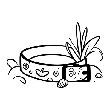 A dog collar resting on a sandy surface, decorated with tiny seashells and sand dollars. Each seashell varies slightly in shape and size, intricately detailed and scattered along the collar. The sand dollars are arranged at intervals, showcasing their unique patterns. The collar itself is made of a sturdy material, displaying a textured design that complements the beach theme. Small tufts of dried sea grass are scattered nearby, adding to the coastal vibe.