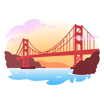 A silhouette of the Golden Gate Bridge towers against a warm orange sky during sunset. The bridge's intricate cables and structure are highlighted by the vibrant hues of the sky. Below the bridge, calm waters reflect the colors of the sunset, creating a tranquil scene. Wispy clouds drift across the sky, blending shades of orange and pink, enhancing the overall warmth of the view.