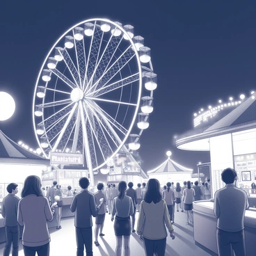 A carnival scene at night filled with excitement. In the foreground, a diverse crowd of people are enjoying the festivities, some holding cotton candy and others playing games. Brightly lit stalls display various snacks and prizes. The centerpiece is a large Ferris wheel in the background, its outline defined by numerous lights. The sky is dark, creating a contrast with the illuminated attractions, and the joyful expressions of the attendees add to the lively atmosphere.